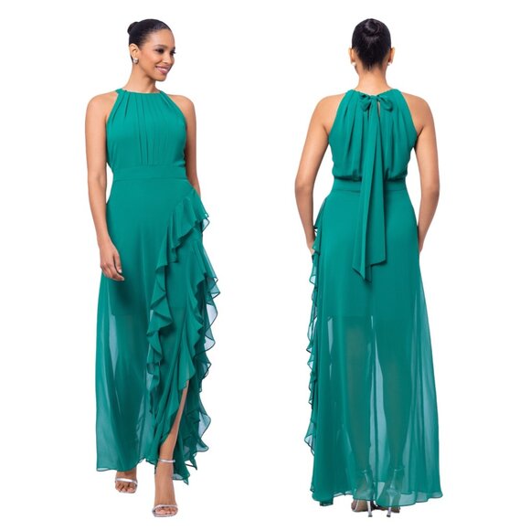 Betsy & Adam Emerald Green Helen Long Chiffon Ruffle Halter Neck Dress Size8 NEW - Picture 2 of 16